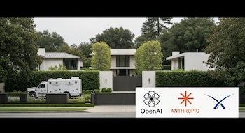 Una calle arbolada con casas modernas, portones, una camioneta de seguridad privada y logos de OpenAI, Anthropic y SpaceX en la esquina inferior derecha.
