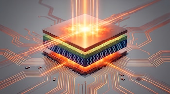 Um chip processador multicamadas com raios de luz irradiando dele, em uma placa eletrônica com linhas brilhantes e pequenos componentes.