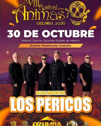 Cartel del XVIII Festival de las Ánimas con los integrantes de Los Pericos vestidos de negro en un campo de cempasúchil