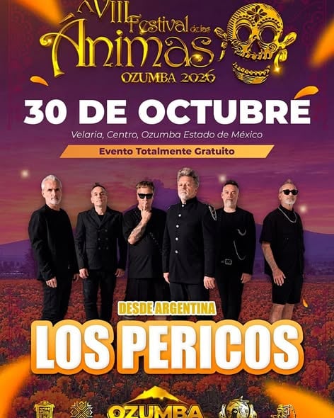 El cartel promocional del XVIII Festival de las Ánimas anuncia la presentación gratuita del grupo argentino Los Pericos el 30 de octubre en Ozumba, Estado de México. (Municipio de Ozumba, Edomex/Facebook)