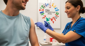 Primer plano de una enfermera con guantes azules inyectando una vacuna en el brazo de un hombre, con un póster del Mundial FIFA 2026 en el fondo.