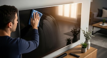 Una persona vista desde atrás, con una camiseta azul, limpia una pantalla de televisor grande y negra con un paño azul, dejando rastros circulares de limpieza.