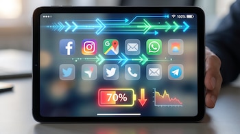 Ilustración digital en una tableta mostrando íconos de apps, flechas de datos activas, un indicador de batería al 70% con flecha roja de descarga y un gráfico decreciente de uso.