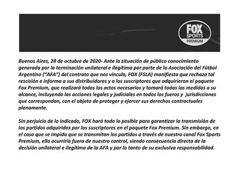 El comunicado de Fox