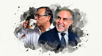 Dos hombres, Gustavo Petro y Armando Benedetto, se superponen en una composición artística con salpicaduras de acuarela negra y gris. Petro bebe de una taza; Benedetti sonríe.