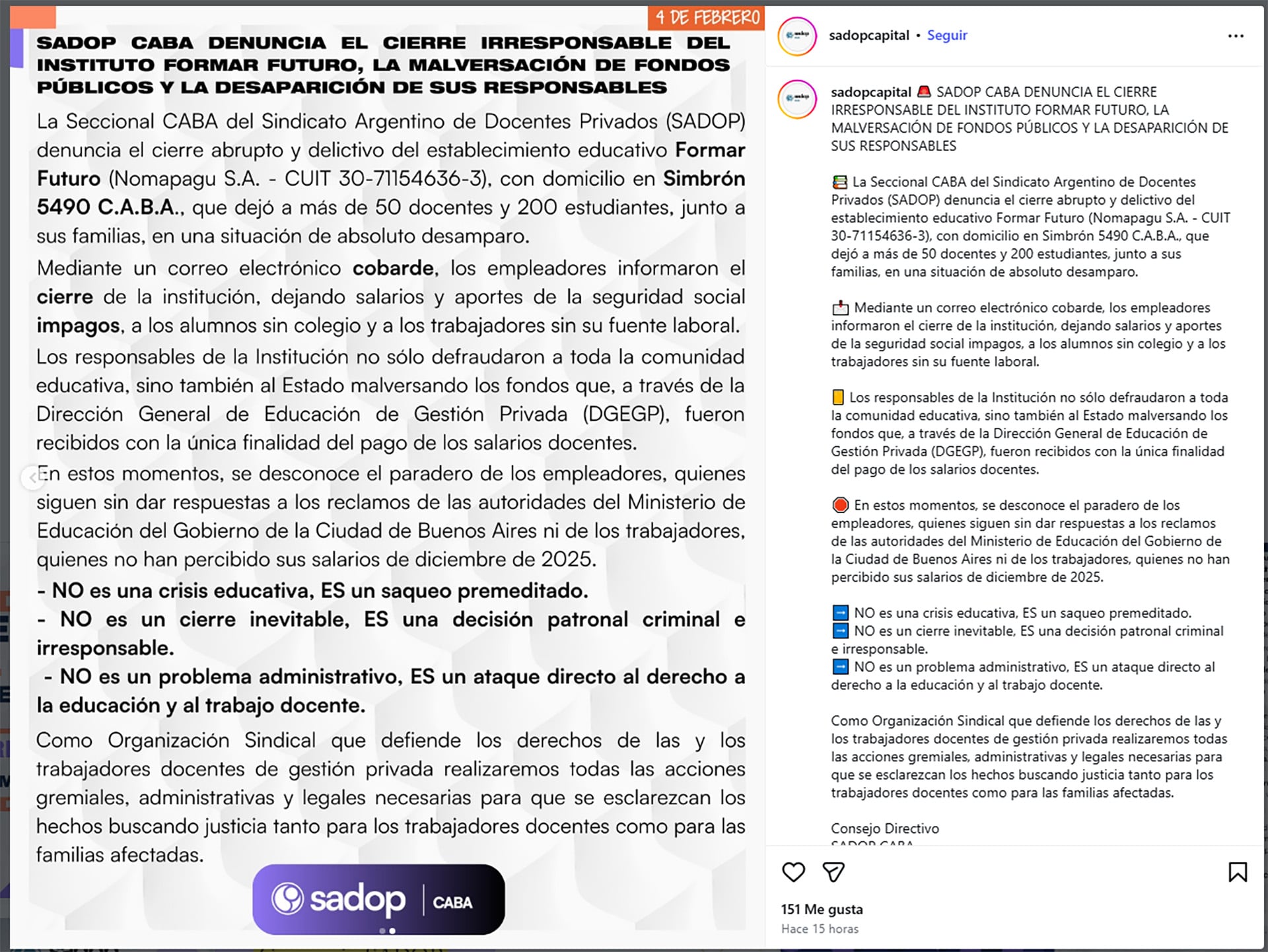 La denuncia de SADOP Capital (Instagram)