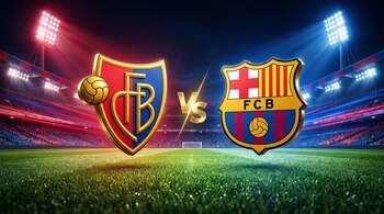 Escudos de FC Basel y FC Barcelona en un campo de fútbol, con un balón dorado a cada lado, un símbolo 'vs' dorado y focos de estadio encendidos.