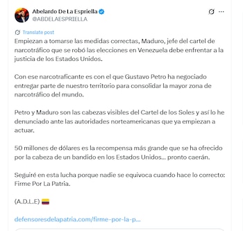 Abelardo de la Espriella reaccionó a la recompensa a quien ayuda con la detención de Maduro - crédito @ABDELAESPRIELLA/x