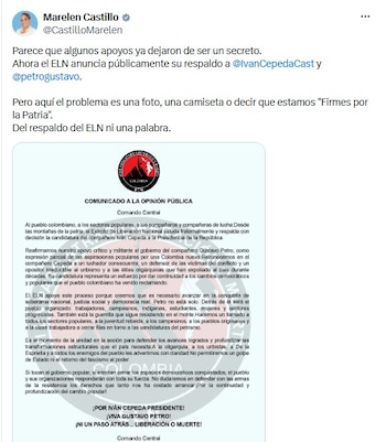 La representante a la Cámara, Marelen Castillo, en horas de la mañana del 10 de junio de 2026, cuestionó un presunto comunicado del Ejército de Liberación Nacional (ELN) sobre la campaña presidencial y sostuvo que el grupo armado ya “anuncia públicamente su respaldo” al senador Iván Cepeda - crédito @CastilloMarelen/X
