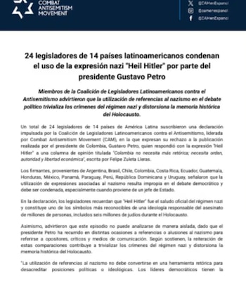 La Coalición de Legisladores Latinoamericanos contra el Antisemitismo sostuvo que referencias de ese tipo no pueden tratarse como recursos retóricos ordinarios en una disputa política - crédito @combatantisemitism/X