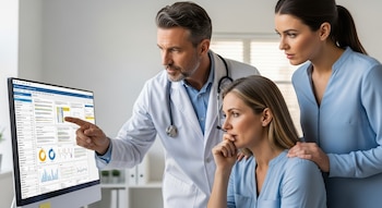 Médico señala pantalla de ordenador con gráficos a dos mujeres. Una paciente y otra profesional observan los datos con atención en un consultorio.