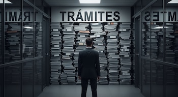 Un hombre de espaldas vestido con traje oscuro está frente a una pared de carpetas y papeles, con la palabra "TRÁMITES" arriba, en un pasillo de oficina.