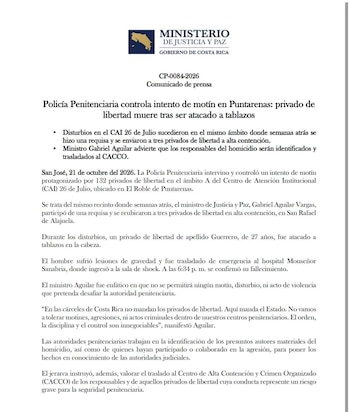 En su pronunciamiento oficial, el Ministerio de Justicia y Paz confirmó el fallecimiento de un interno y el inicio de las investigaciones judiciales para dar con los responsables.