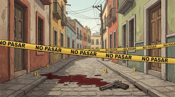 Cinta amarilla con la leyenda NO PASAR bloquea una calle empedrada entre casas coloridas. En el suelo, un charco de sangre, una pistola y marcadores de evidencia.