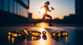 Primer plano de cápsulas de gel doradas, posiblemente aceite de pescado, sobre una superficie oscura. Al fondo, una silueta borrosa de una persona corriendo al atardecer.