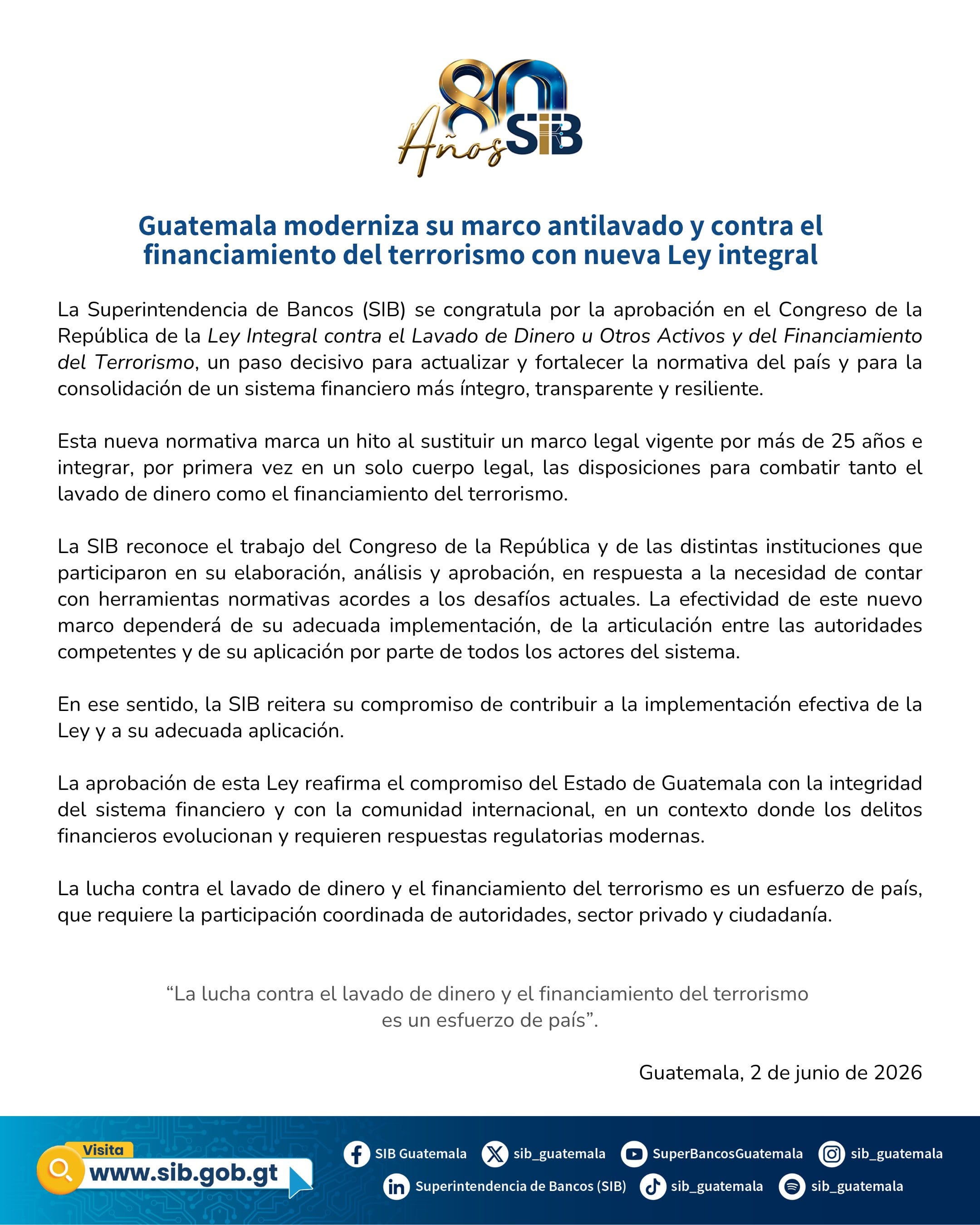 La Superintendencia de Bancos calificó la aprobación de la ley como un hito en la prevención contra lavado de activos. (Cortesía: Superintendencia de Bancos)