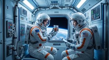 Dos astronautas con trajes espaciales dentro de una nave. Uno sostiene un recipiente con semillas y el otro escribe en una tableta. Se ve la Tierra por la ventana.