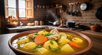 Un bol de vori-vori humeante con caldo dorado, bolas de maíz y queso, pollo, zanahoria y papa, en una mesa de madera. Fondo de cocina rural con ventana.