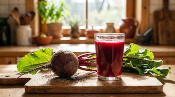 Una remolacha con hojas y raíces sobre una tabla de cortar de madera, junto a un vaso lleno de jugo rojo en una cocina.