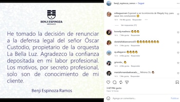 Captura de pantalla de una publicación de Instagram con el logo de Benji Espinoza Abogados y un comunicado de renuncia de Benji Espinoza Ramos