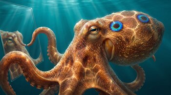 Pulpo de tono ocre con ocelos azules brillantes situado frente a un espejo de cristal sumergido que refleja su cara y tentáculo.