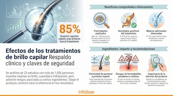 Infografía sobre los efectos de tratamientos de brillo capilar. Incluye ilustraciones de cabello, lupa, gráficos, moléculas e iconos de ingredientes y advertencias.