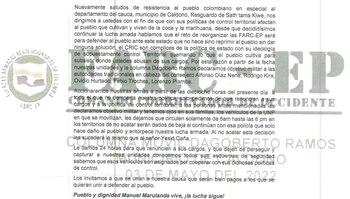 Panfleto amenazante de la disidencia Dagoberto Ramos contra las autoridades indígenas del Cauca. Foto: Captura de pantalla