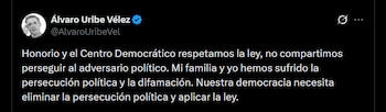 Álvaro Uribe - crédito @AlvaroUribeVel/X