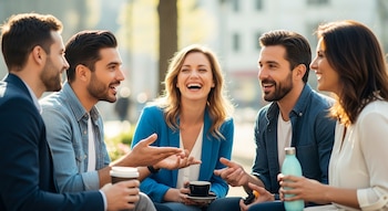 Cinco adultos, tres hombres y dos mujeres, sentados al aire libre. Un hombre sostiene un vaso de café, una mujer una taza de café, otra mujer una botella de agua.