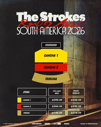 Gráfico promocional del concierto de The Strokes en Sudamérica 2026, mostrando un mapa de asientos (Cancha 1, Cancha 2, Tribuna) y tabla de precios de entradas