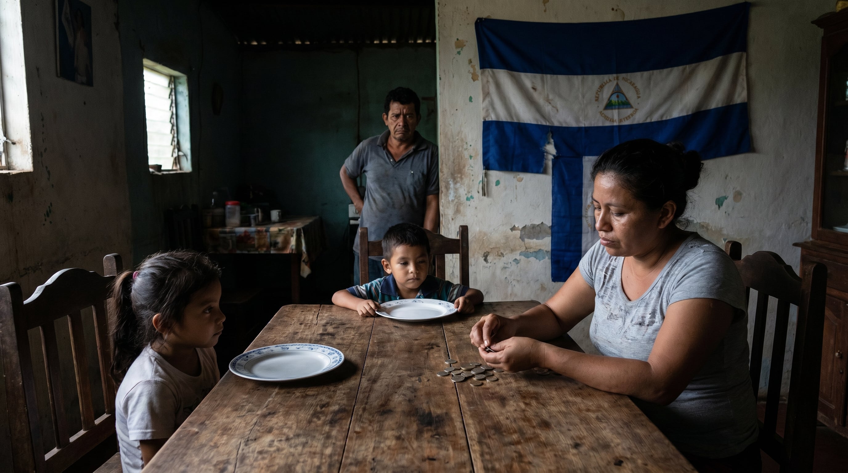 En un hogar de Nicaragua, una madre cuenta pequeñas monedas en la mesa mientras sus dos hijos con platos vacíos y un padre preocupado de pie, enfrentan la difícil realidad económica del país. (Imagen Ilustrativa Infobae)