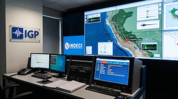 Sala de control con pantallas que exhiben un mapa de Perú, gráficos de ondas sísmicas, computadoras y los logotipos de IGP e INDECI.