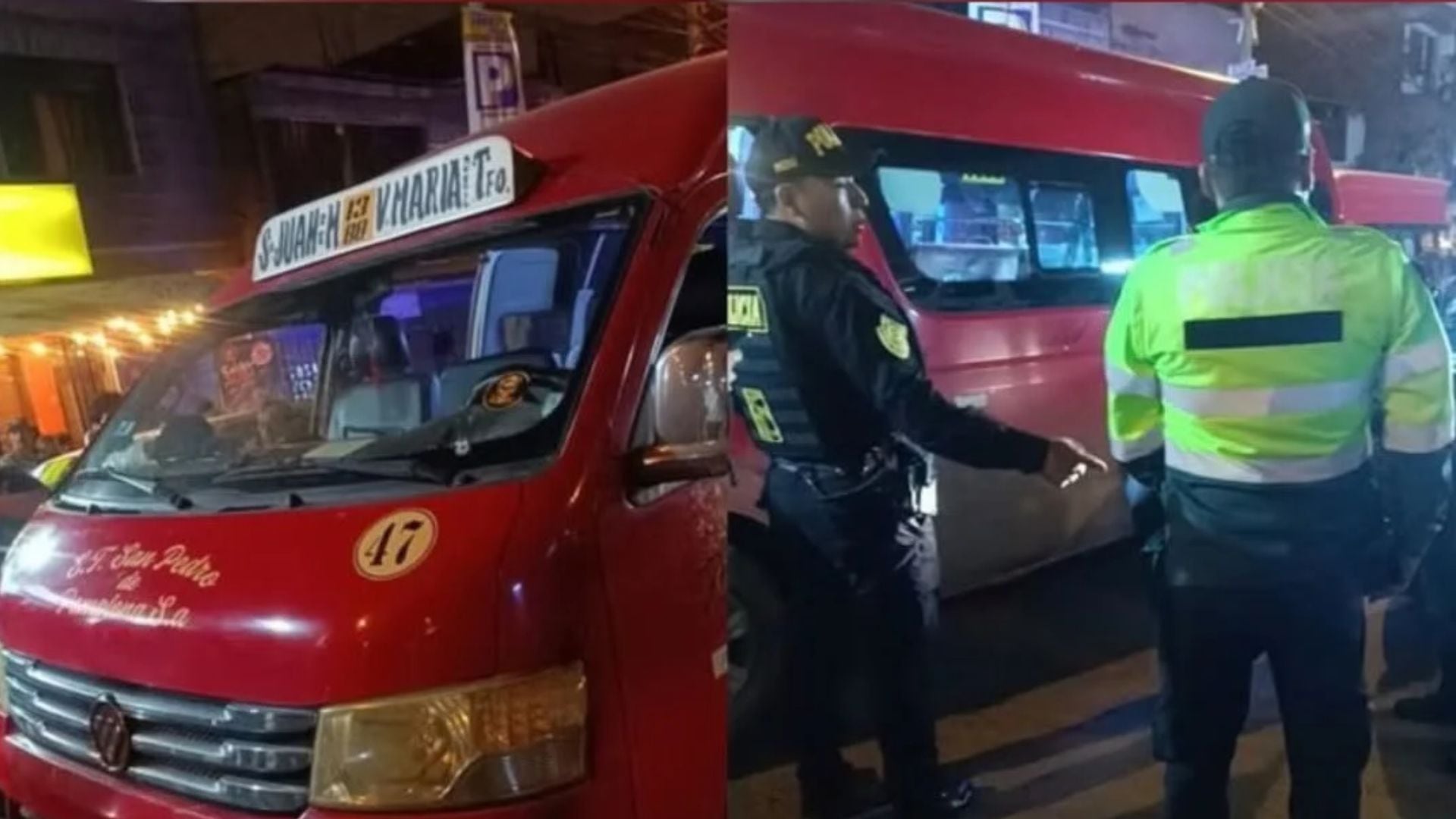 Agentes de la policía inspeccionan una minivan de la empresa Los Rojitos tras un ataque armado que dejó dos personas heridas.