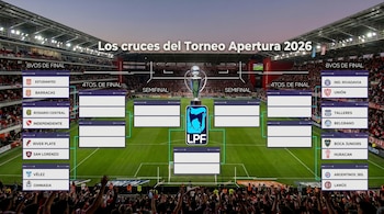 Cuadro de Torneo Apertura 2026 con equipos argentinos, como Estudiantes y River Plate, en un estadio lleno. Copa de la Liga Profesional al centro y logo LPF.