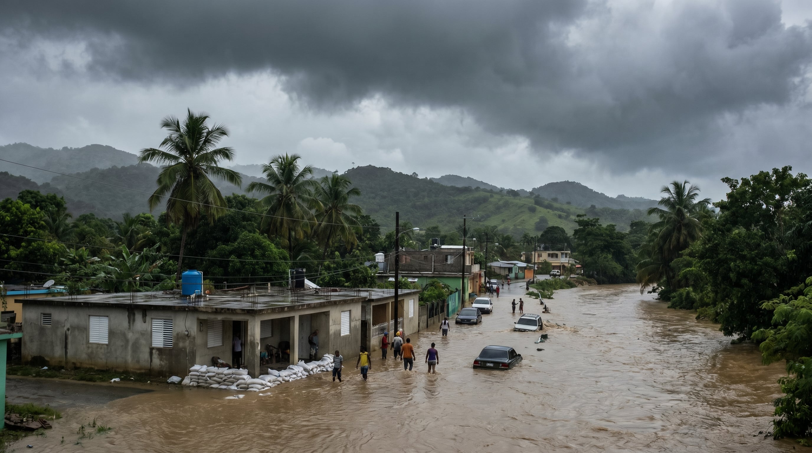 Residentes caminan por una calle inundada en República Dominicana, donde una vaguada ha provocado fuertes lluvias y el desborde de ríos, dejando vehículos sumergidos y viviendas en riesgo. (Imagen Ilustrativa Infobae)