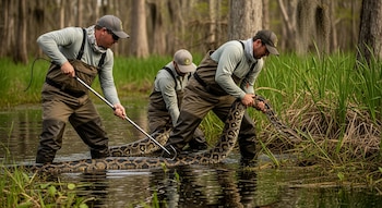 Tres hombres con botas de pesca capturan una pitón birmana grande en un pantano. Uno usa una vara de gancho, otro sujeta el cuerpo de la serpiente.