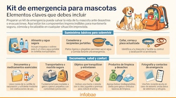 Infografía ilustra un kit de emergencia para mascotas, incluyendo un perro, un gato, mochila, comida, agua, documentos, medicamentos, transportadora y juguetes.