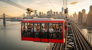 Un teleférico rojo lleno de personas viaja sobre el East River al atardecer, con el puente Queensboro y el horizonte de Manhattan de fondo.
