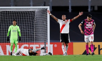 El defensor Jonathan Maidana celebrando la victoria de River anter Santa Fe-crédito Juan Ignacio Roncoroni/REUTERS