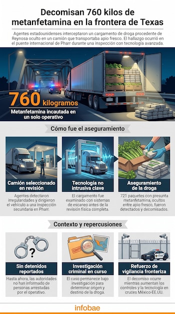 Infografía de un camión con cargamento de apio y paquetes de droga en un puente, con escenas de escaneo vehicular, hallazgo de droga, esposas, mapa y cámaras.