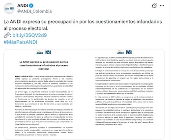 La Andi manifestó que promover hipótesis o cuestionamientos sin sustento probatorio resulta irresponsable - crédito @Andi_Colombia/X