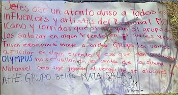 Narcomanta que mencionó a Natanael Cano. Crédito: FGJES