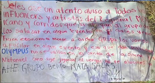 Narcomanta que mencionó a Natanael Cano. Crédito: FGJES