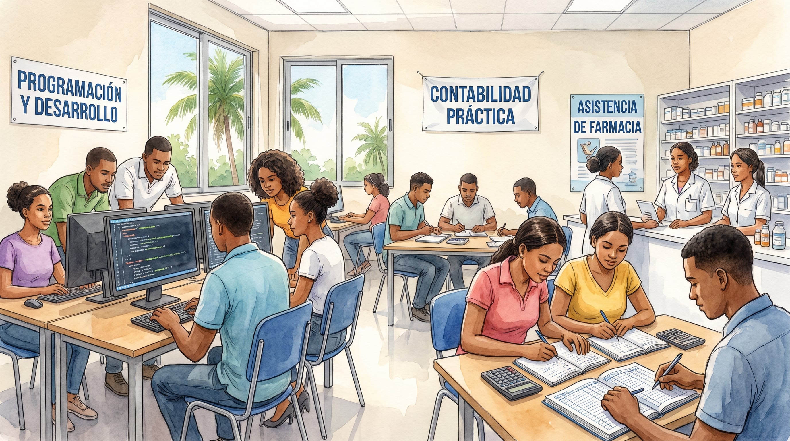 Jóvenes dominicanos participan en clases de programación, contabilidad y farmacia en un centro de formación técnica. (Imagen Ilustrativa Infobae)
