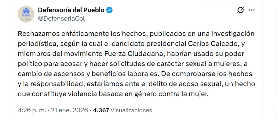 La Defensoría del Pueblo solicitó a la Fiscalía que investigue con diligencia las acusaciones de acoso sexual contra Carlos Caicedo - crédito @DefensoriaCol/X