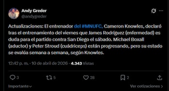 El periodista detalló el estado actual de James Rodríguez, tras la conferencia de prensa del técnico Cameron Knowles-crédito @andygreder/X