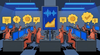 Ilustración de centro de llamadas: operadores con computadoras y auriculares. Pantalla central muestra onda de audio y un gráfico de ventas. Íconos de compra y aprobación flotantes.