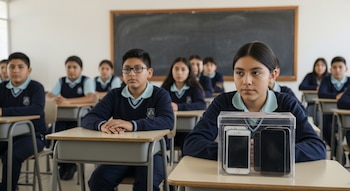 Un salón de clases con pupitres, un pizarrón, varios estudiantes sentados y una caja transparente con teléfonos celulares en primer plano.