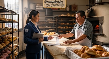 Una agente del SAT con tablet recibe un documento de un panadero en una panadería tradicional llena de pan horneado y un horno de leña al fondo.