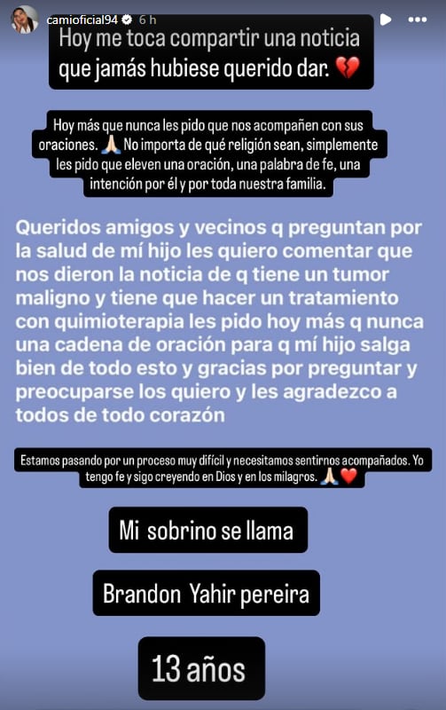 El dolor de Camilota al compartir el diagnóstico de su sobrino (Instagram)